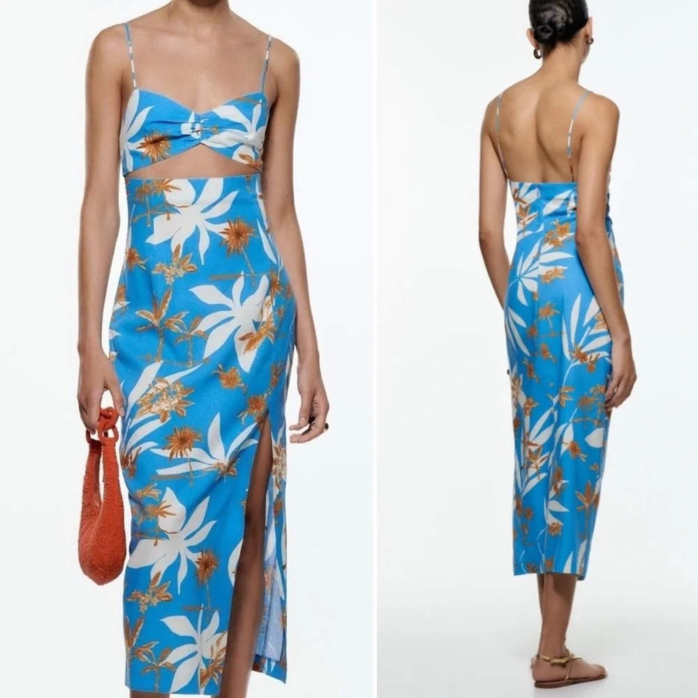 ZARA BLUE LINEN BLEND FLORAL PRINTED MIDI DRESS WITH CUT-OUT DETAIL Sz. XS NEW